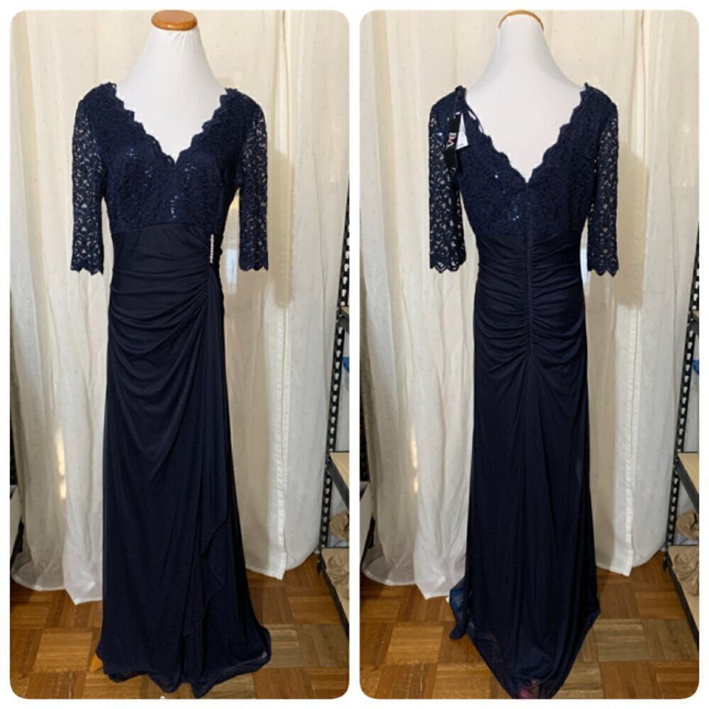 Betsy & Adam Women's Long 3/4 Sleeve V-Neck Lace Sheer Matte Jersey Gown 12 Navy - Picture 3 of 11